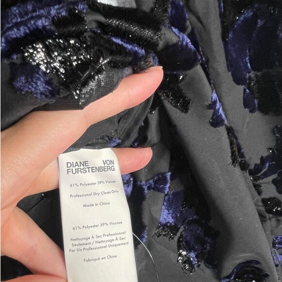 Diane Von Furstenberg M Adelita Velvet Burnout Shimmer Babydoll Dress Black Blue - Picture 11 of 15